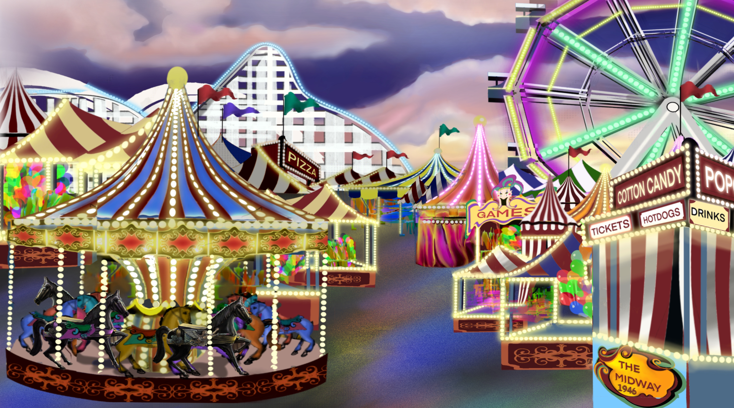 Chapter Two: The Midway<br /><br />Boom! All of a sudden...all stop!<br /><br />He knows he is finally safe. He opens one hazel eye with golden flecks, then the other.<br /><br />He rubs his eyes, as he lets go of the Elephant Cane, which rises in the air. He is at a traveling carnival fair in the year 1946!