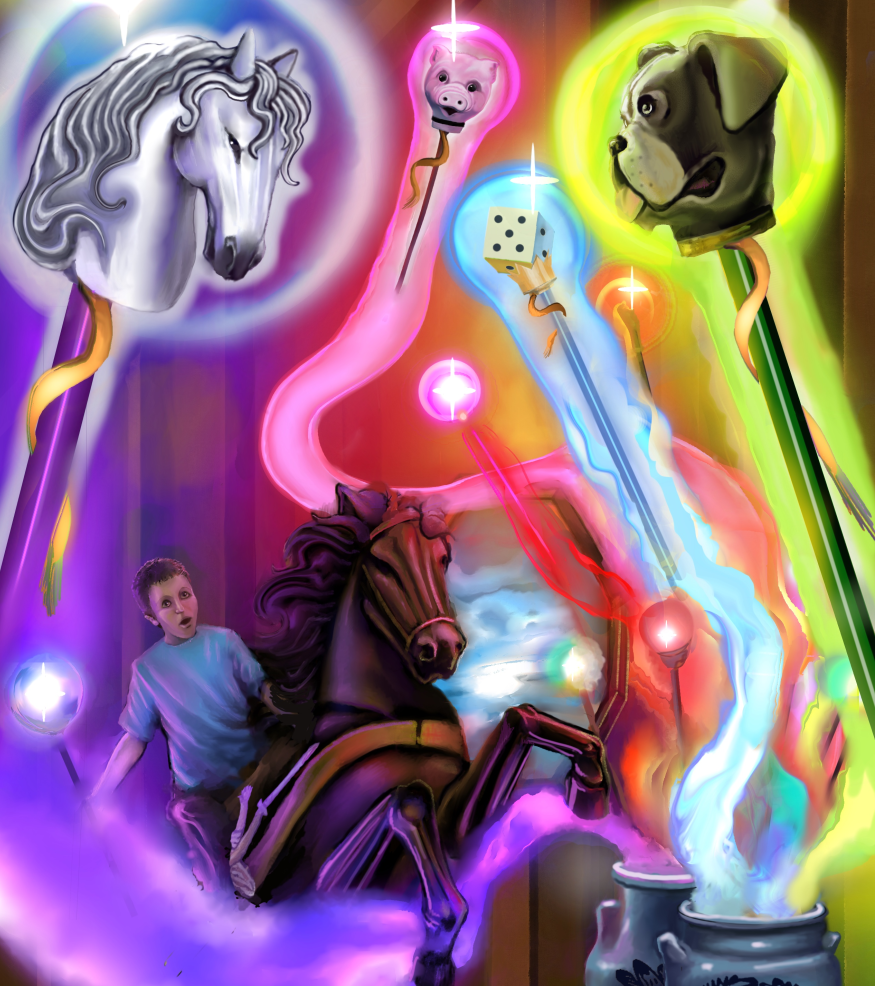 All of a sudden, he remembers his Grandma's delight in telling him what fun she had collecting the Barker Canes as prizes at the old traveling carnival fairs, when she was a young girl. And here they all were together, as if they were waiting for something, or someone. <br /><br />He looks closer. He sees the Canes are porcelain heads of different animals and objects, with tassels, on long wooden sticks. One Barker Cane seems to move ever so slightly. &ldquo;<i>Did I really see that?</i>&rdquo; the Lad quizzically wonders to himself. The Cane seems to be beckoning to the Young Lad. The Horse leans forward towards the Barker Canes. <br /><br />The almost imperceptible movement of the Barker Cane is enough to make the boy grab for the Cane, an Elephant. <br /><br />As he holds the smooth band of the long cane, he too is rendered &lsquo;magical&rsquo;. His plea brings the magic of the Canes to the fore. Whoosh, Magic, Lights, Rainbow Colors, and Fireworks illuminate the air and walls in the attic. <br /><br />Out of the antique stoneware crocks, the porcelain Barker Canes all rise. They dance and hover in the air. They all look alive!